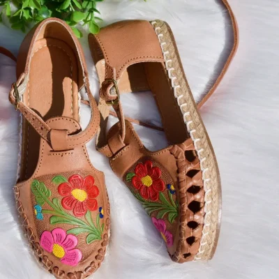 Floral Handpainted Tooled Huarache Shoe Mexican Style Boho