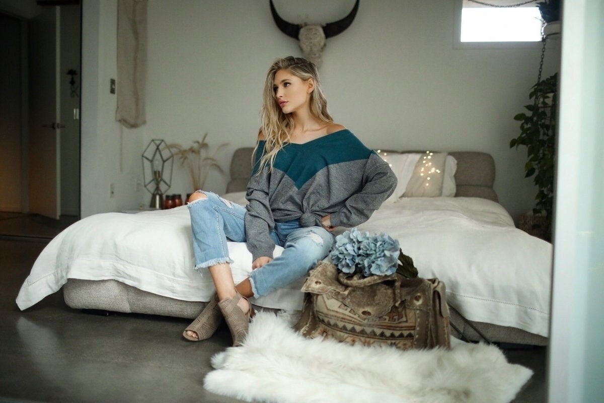 Color Block V Neck Pullover Sweater: Soft Stretchy